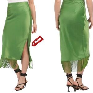 Rachel Zoe Green satin effect fringe tassel trim midi slip skirt Sz 6 NWT